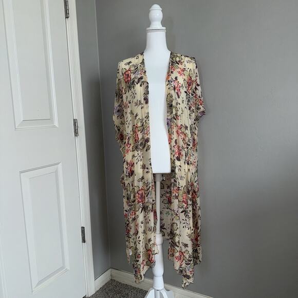 Aratta Silent Journey Hand-Beaded Floral Kimono Duster Topper Open Boho FLAWED - Picture 1 of 14